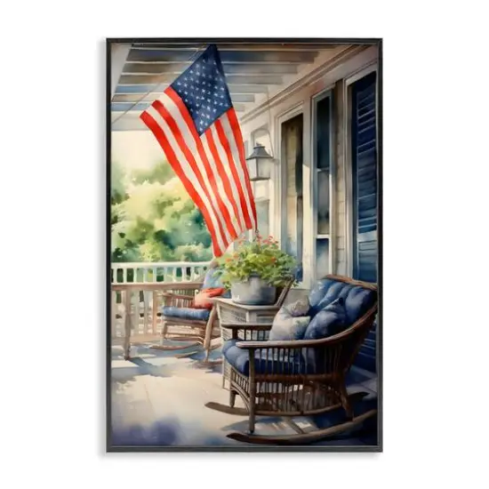 Stupell Industries Porch with American Flag Framed Giclee Art Black {1}