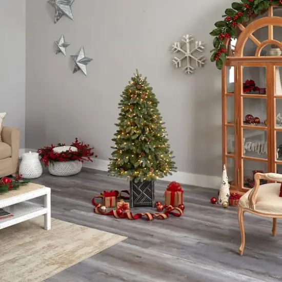 5ft. Pre-Lit Colorado Fir Frosted Artificial Christmas Tree in Planter, White LED Lights {10}