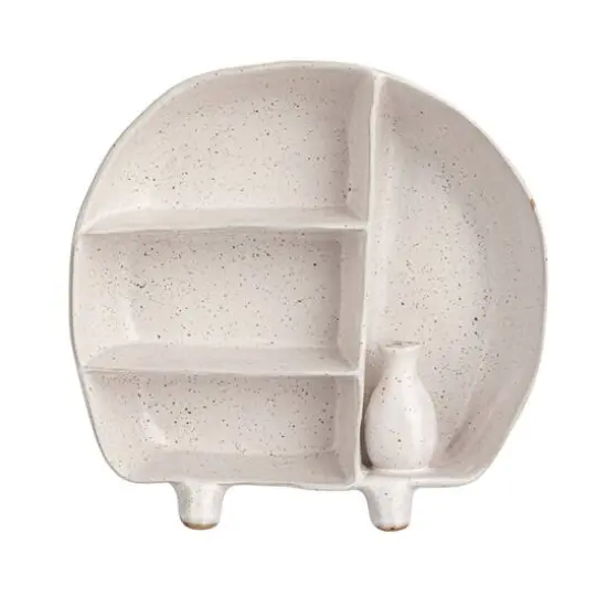 Hello Honey&reg; 8.5" Cream Stoneware Footed Shelf with 4 Compartments & Attached Vase with Reactive Glaze {14}