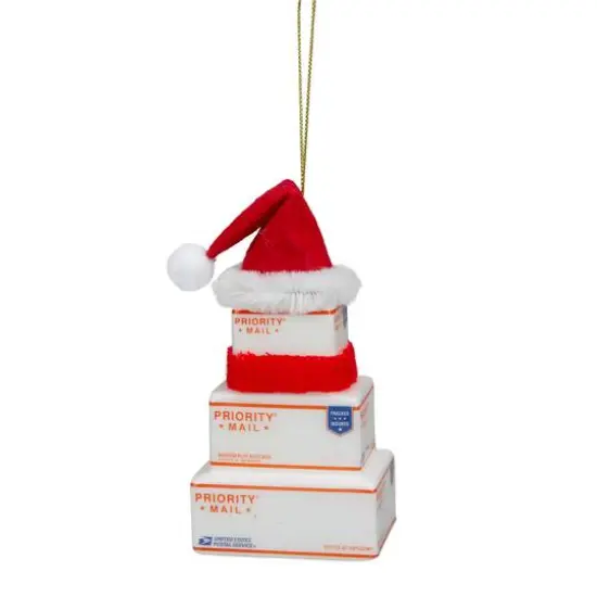 4.5" White and Red USPS Priority Mail Stacked Packages Santa Hat Christmas Ornament {6}