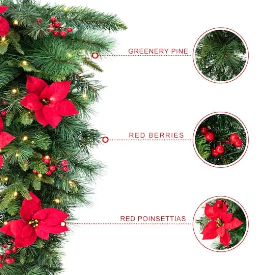 Glitzhome&reg; 3ft. Pre-Lit Pine, Poinsettia & Berries Christmas Teardrop Swag {9}