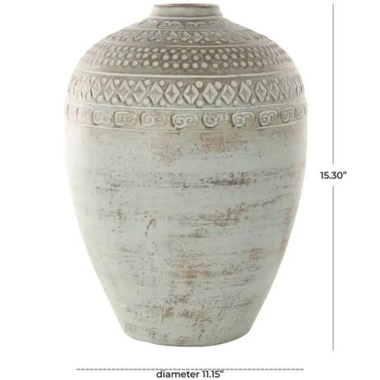 15.25" Green Ceramic Handmade Antique Style Decorative Vase with Geometric Tribal Carvings {8}