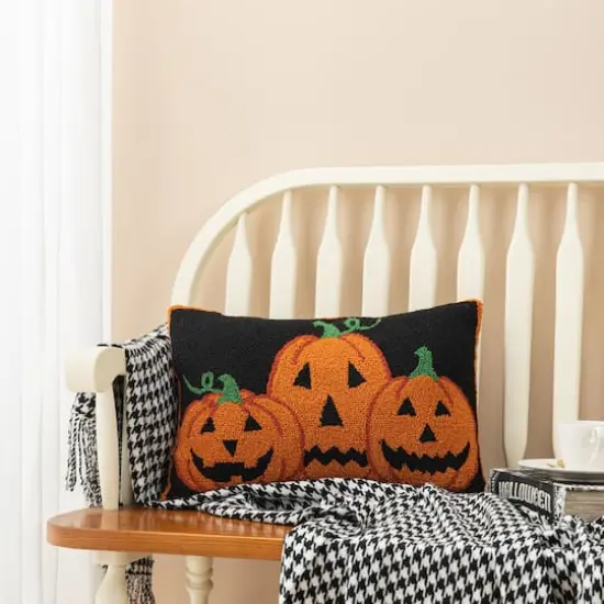 Glitzhome&reg; 18" x 12" Hooked Halloween Pumpkins Pillow {5}