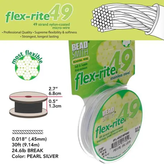The Beadsmith&reg; Flex-rite&reg; 0.018" Pearl Silver 49 Strand Wire, 30ft. {4}