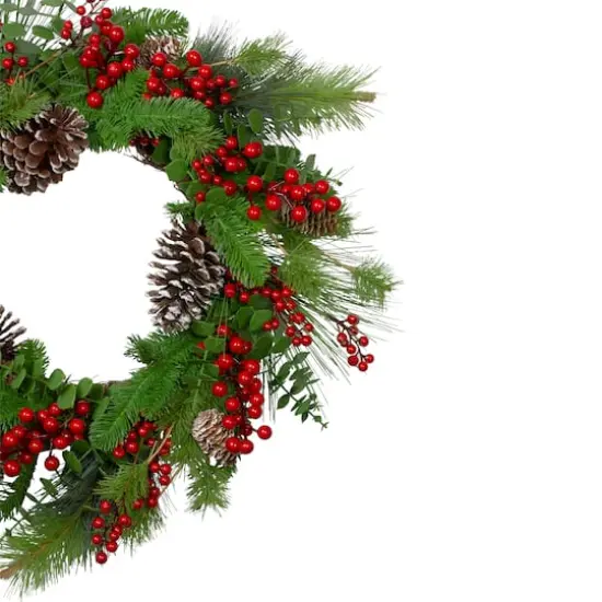 24" Christmas Artificial Holly Berry & Snowy Pinecone Wreath {4}