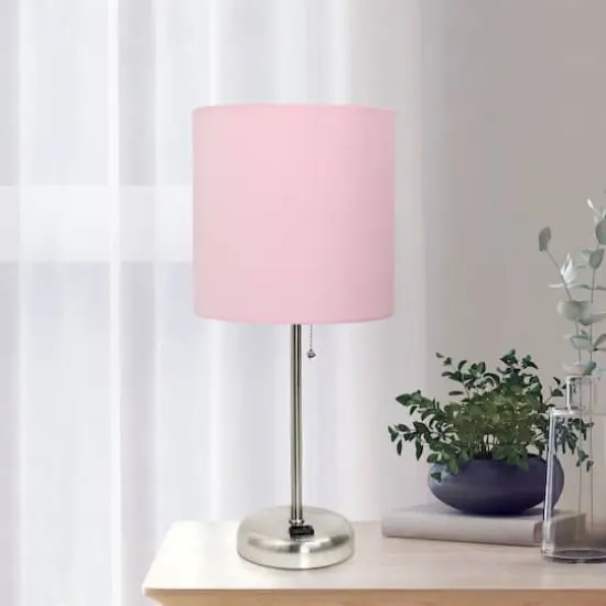 Creekwood Home Oslo 19.5" Power Outlet Table Lamp Brushed Steel Base/Light Pink Shade {3}
