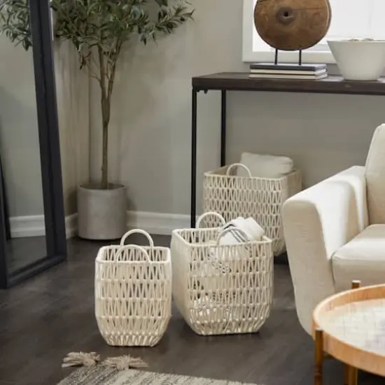 White Cotton Handmade Storage Basket with Handles Set of 3 18", 16", 15" {7}