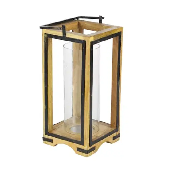 Natural Brown Mango Wood Traditional Candle Holder Lantern, 22" x 8" x 8" {3}
