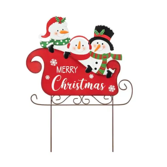 Glitzhome&reg; 24" Metal Snowmen Riding Sleigh Yard Stake {1}