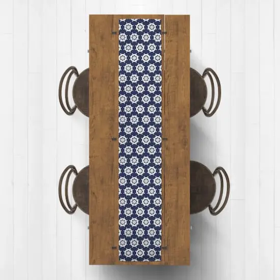 Captain's Wheel Indoor/Outdoor Table Runner White on Navy {3}