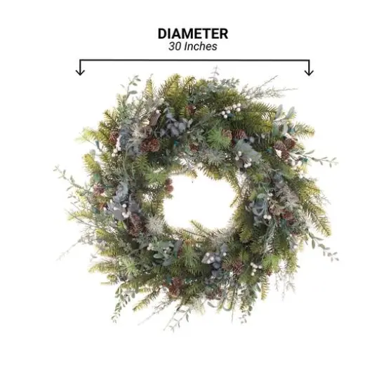 Village Lighting 30" Pre-Lit Rustic White Berry Christmas Wreath, Clear LED Lights {8}