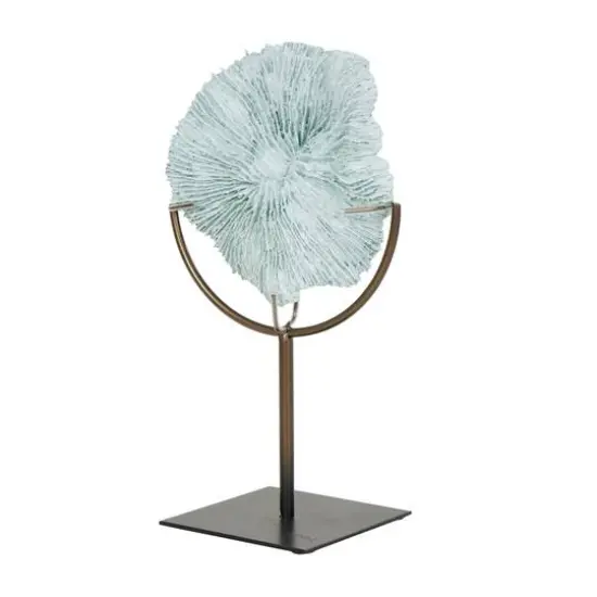 12" Light Blue Polystone Coral Textured Sculpture with Bronze Stand {8}