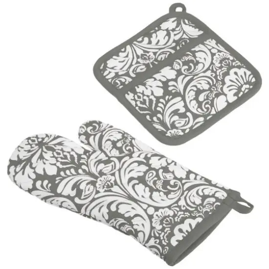 DII&reg; Gray Damask Oven Mitt & Potholder Set {1}