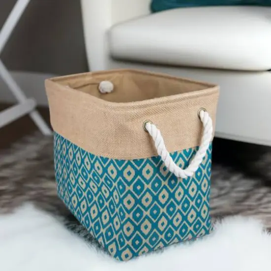 DII&reg; 9" Teal Ikat Rectangle Burlap Bin {1}