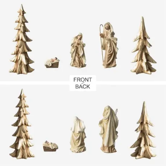 Glitzhome&reg; 5-Piece Gold Resin Holy Family with Christmas Trees Set {8}