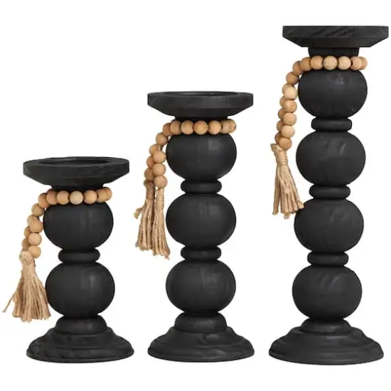 Black Wood Handmade Bubble Inspired Matte Candle Holder with Beaded Garland Set {3}