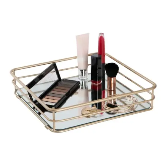 Elle D&eacute;cor Satin Gold Square Mirrored Bottom Vanity Tray {3}