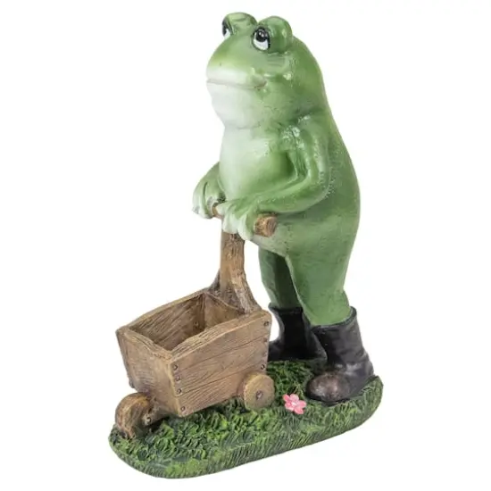 11.5" Green Frog Pushing Wheelbarrow Outdoor Garden Statue {1}