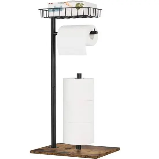 Black Freestanding Toilet Paper Holder Stand with Basket {1}