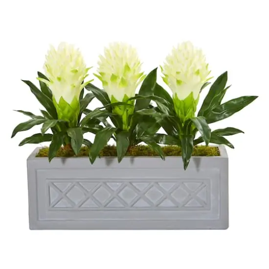 19" White Bromeliad Artificial Plant in Stone Planter {1}