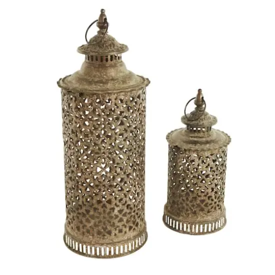Brown Distressed Ornate Floral Candle Lantern Set {6}