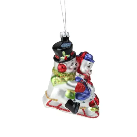 4.5" White & Red Cheerful Sledding Snowmen Couple Glass Christmas Ornament {5}