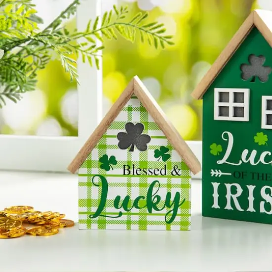Glitzhome&reg; Lighted St. Patrick's Wooden House Table D&eacute;cor Set {5}
