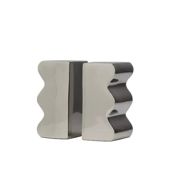 6" Wave Aluminum Bookends Set Silver {1}