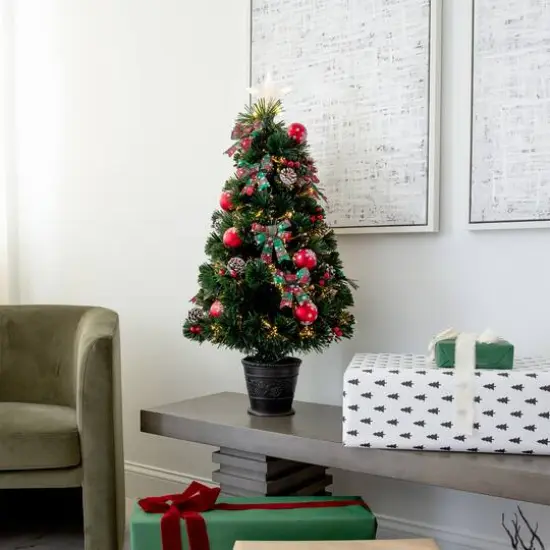 3ft. Pre-Lit Fir Artificial Christmas Tree in Planter, Clear Fiber Optic Lights {8}