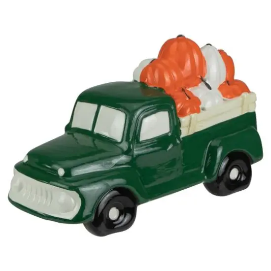 9.5" LED Lighted Green Ceramic Truck Hauling Pumpkins Autumn Harvest Decoration {4}