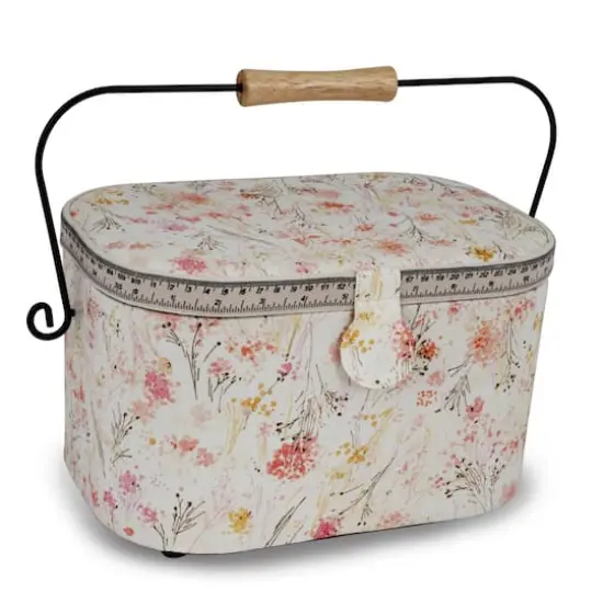 Dritz&reg; Neutral Floral Large Oval Sewing Basket With Metal Handle {1}