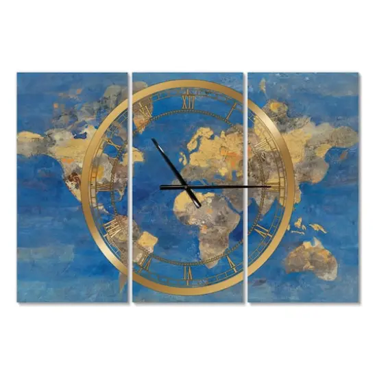 Designart Golden Glam World Map Traditional 3 Panel Wall Clock {1}