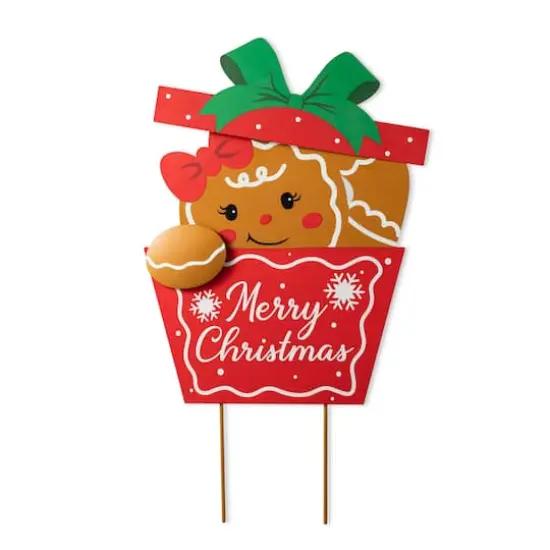 Glitzhome&reg; 2ft. Metal Gingerbread Giftbox Yard Stake {1}