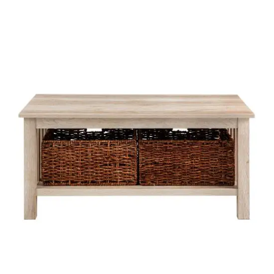 Walker Edison 40" White Oak Mission Storage Coffee Table with Baskets {4}