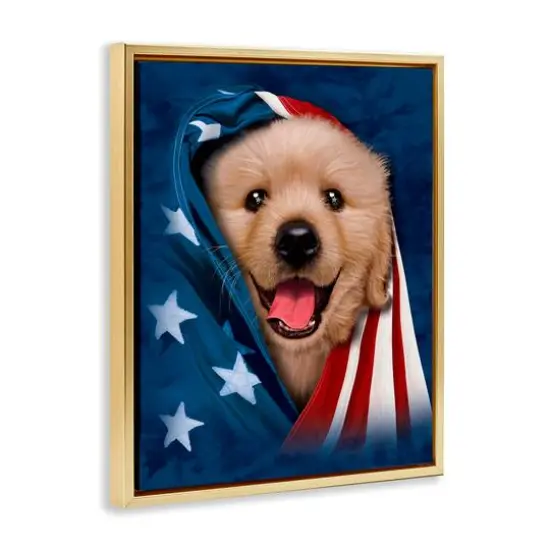 Stupell Industries Puppy & American Flag Floater Framed Art Gold {4}