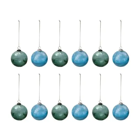 Hello Honey&reg; 12 Pack 4" Blue & Green Etched Leaves Ball Glass Ornaments {1}