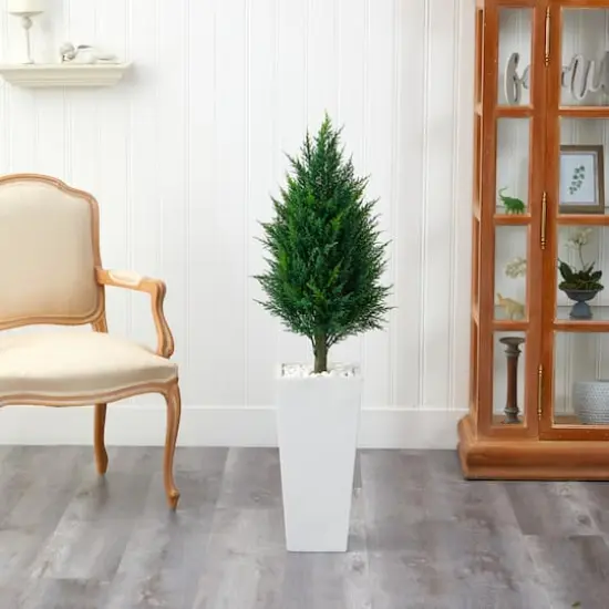 4ft. UV Resistant Cypress Tower Tree in Tall White Planter {4}