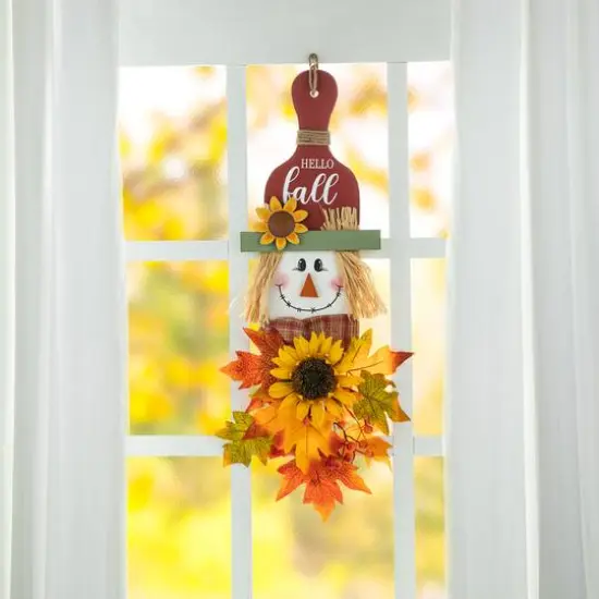 Glitzhome&reg; 26" Fall Wood Scarecrow Floral Door Hanger {3}