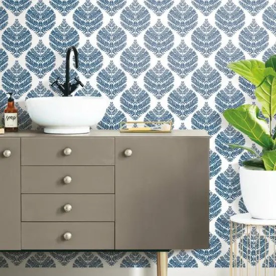RoomMates Hygge Fern Damask Peel & Stick Wallpaper Blue and White {6}