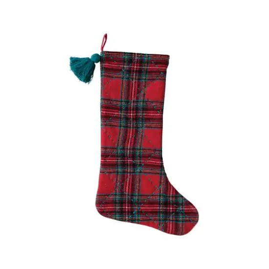 Hello Honey&reg; 20" Red & Green Plaid Brushed Cotton Flannel Quilted Stocking with Tassel {1}