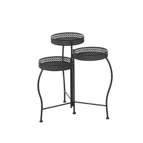 20" Metal Curved Folding 3-Tier Plant Stand with Floral & Scroll Patterns Black {4}