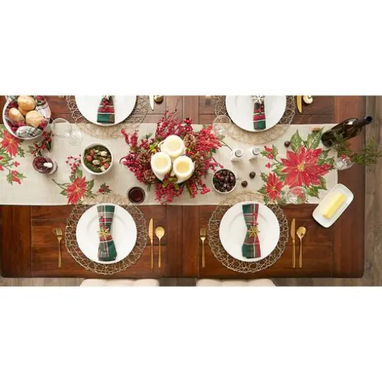 DII&reg; 70" Cream Poinsettia Holly Embroidered Table Runner {8}