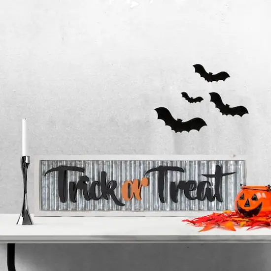 27.5" Silver "Trick or Treat" Halloween Wood Wall Sign {3}