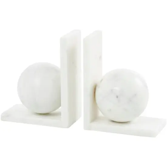 7" White Marble Sleek Orb Geometric Bookends with L-Shaped Bases Set {7}