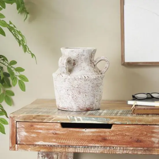 10" Cream Antique-Style Textured Ceramic Vase with Arched Handles {3}