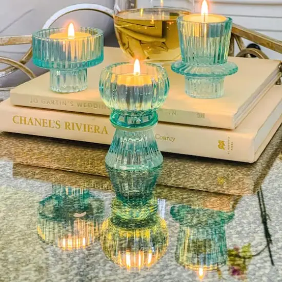 Kate Aspen&reg; Assorted Vintage Ribbed Blue Glass Candlestick Candle Holder Set {6}