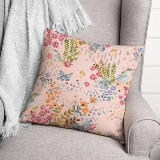 Butterfly Bird Floral Square Throw Pillow Pink {3}