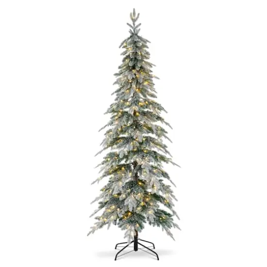 7.5ft. Pre-Lit Flocked Pencil Spruce Artificial Christmas Tree, Warm White LED Lights {1}