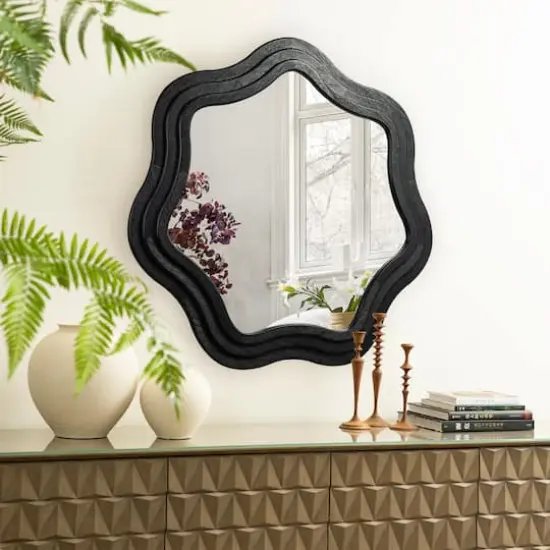 Glitzhome® 33.5" Modern Black Triple Wood Frame Wavy Wall Mirror {4}