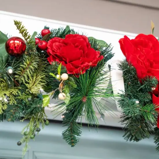Village Lighting 9ft. Pre-Lit LED Red Peonies & Berry Garland {10}